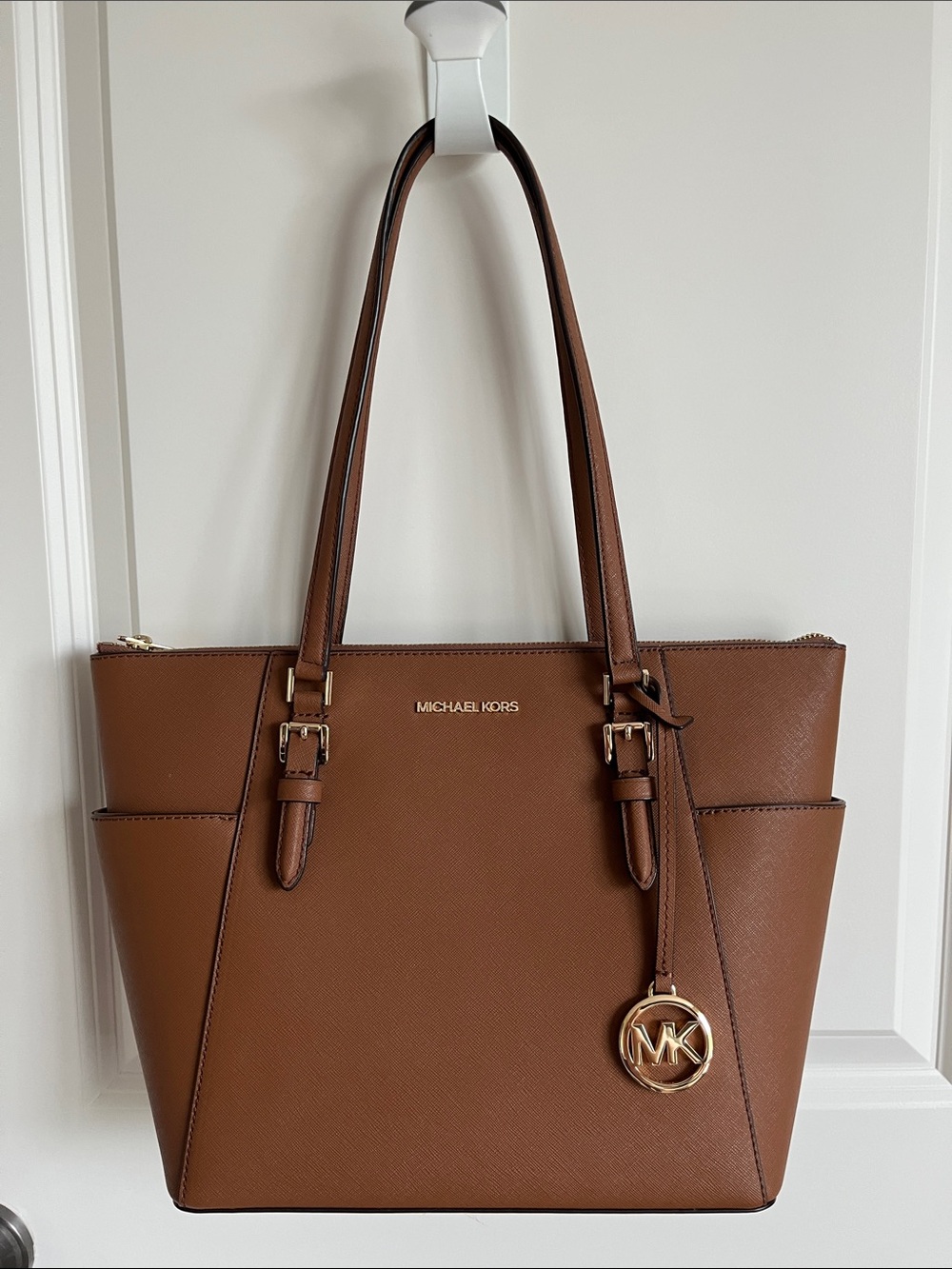 Michael Kors Cognac Saffiano Charlotte Leather Tote with Gold Hardware